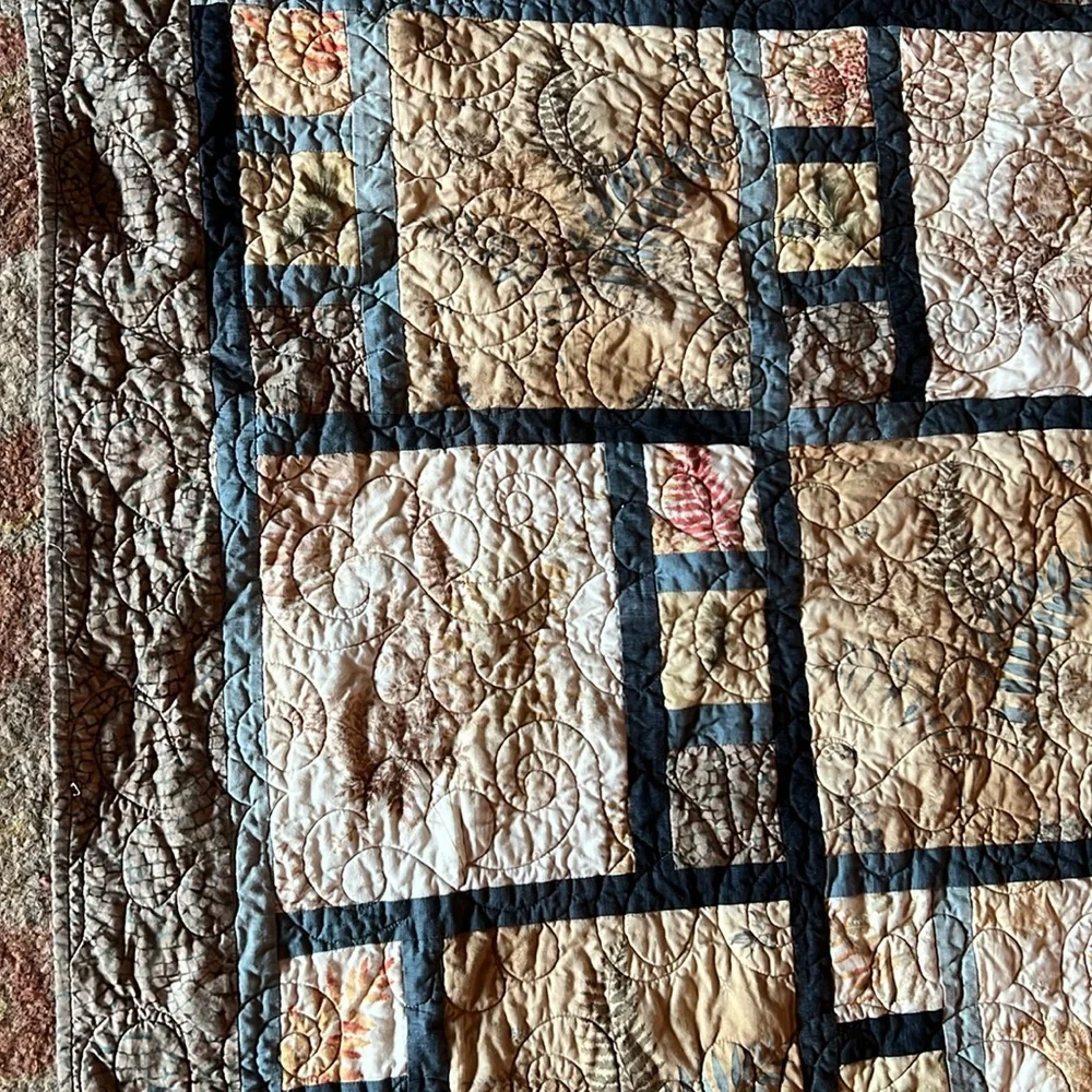 Handmade Patchwork throw Quilt with Earth Tones Ferns Fall 48” x 68”